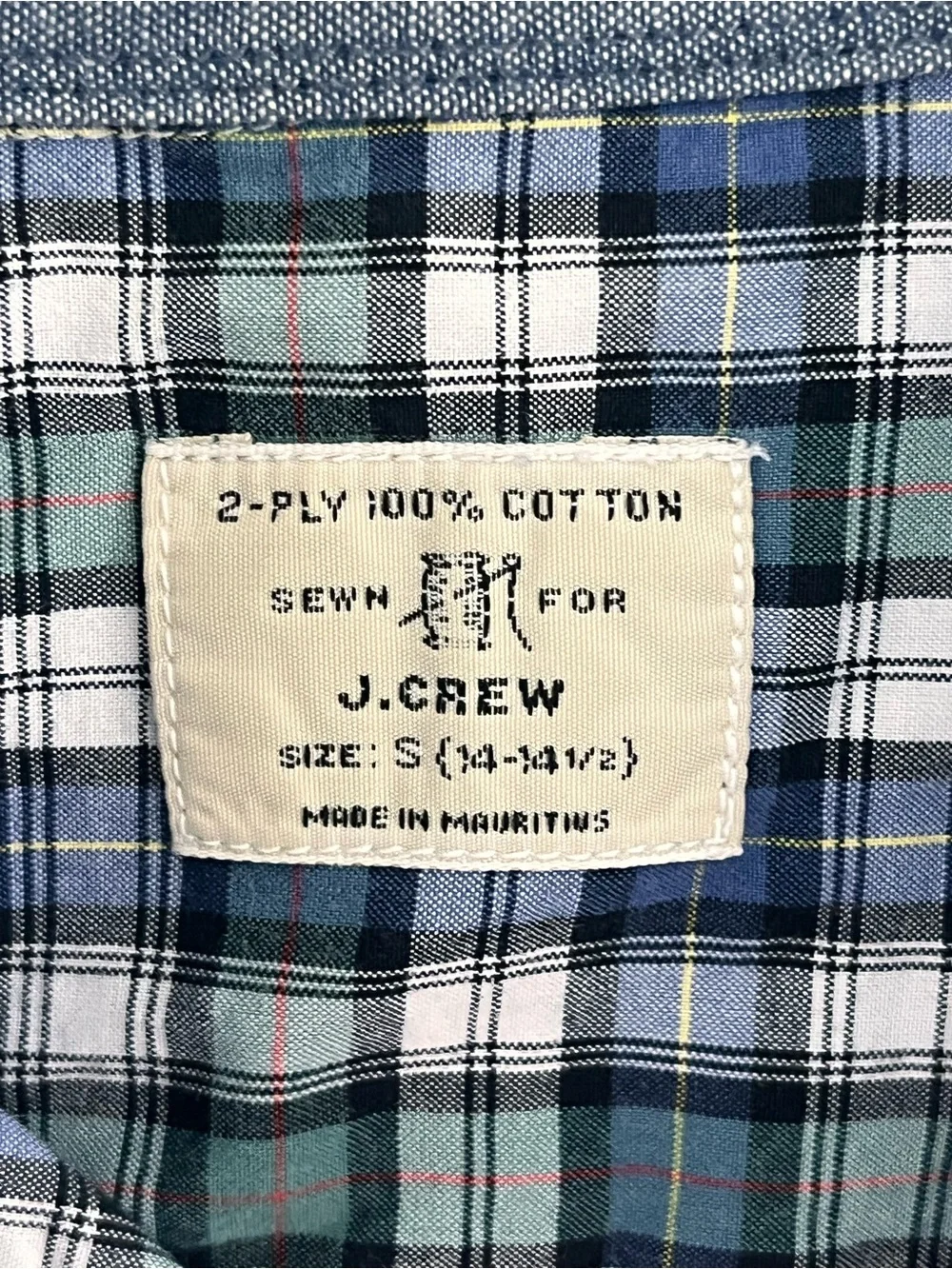 Mens J. Crew Green and Blue Plaid Cotton Button-Down Shirt Small 14-14.5 Preppy